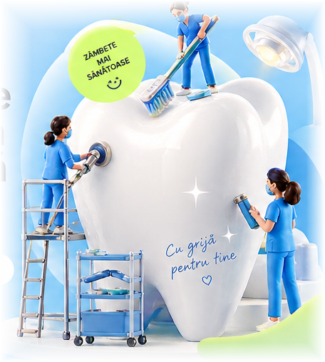 Ilustrație 3D originală cu un dinte alb supradimensionat și miniaturile unor profesioniști stomatologi